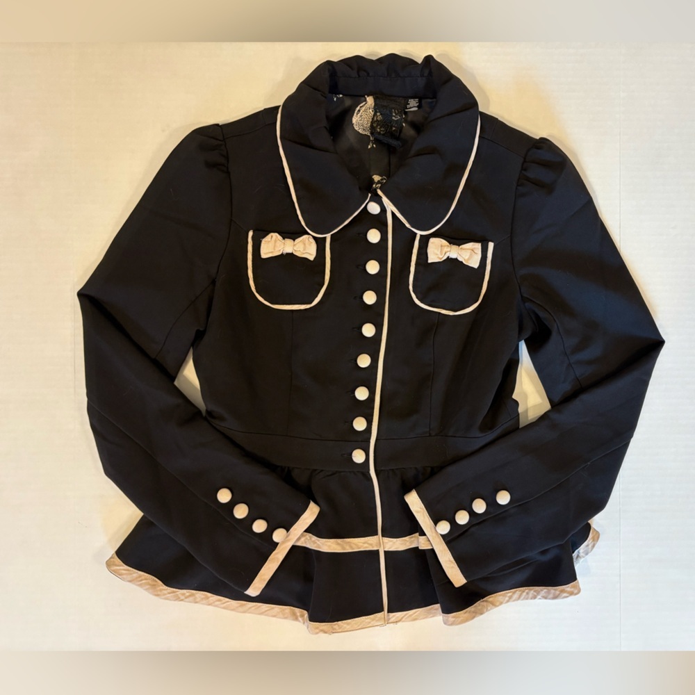 Black White Trim Ruffled Button Down Jacket Size … - image 2